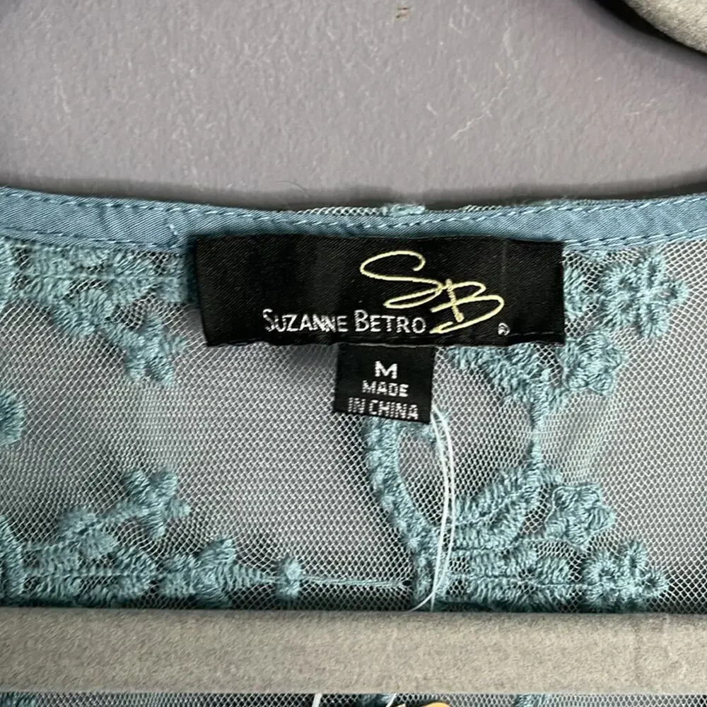 Suzanne Betro Gray Sheer Lace Crochet Long Top Medium